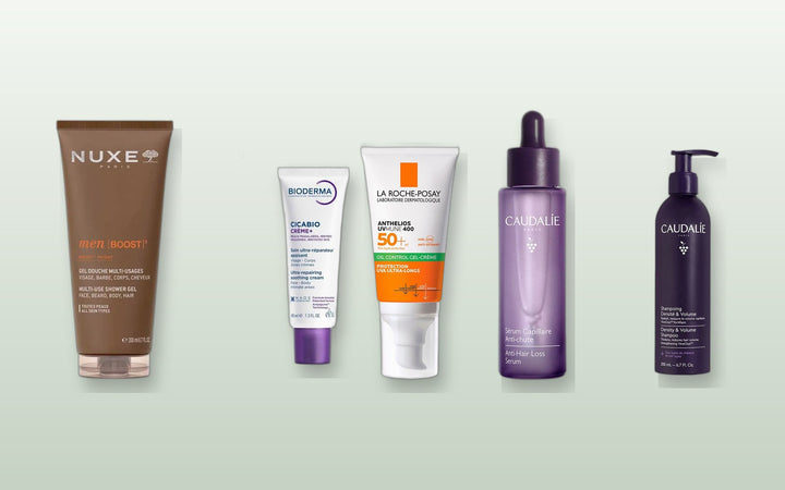 The 5-product French routine — body wash, repair cream, SPF, hair serum, shampoo