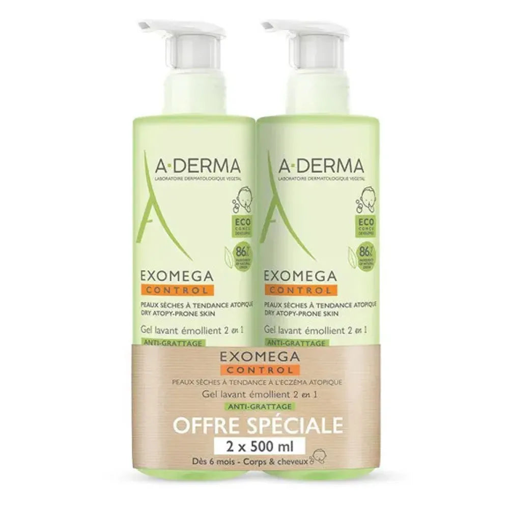 A-Derma Exomega Control Emollient Cleansing Gel for Dry, Atopic-Prone Skin - Body and Hair - 500ml