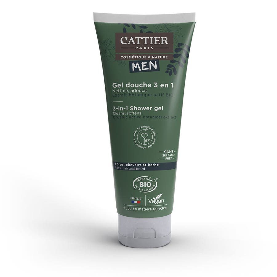 Cattier Men 3 - in - 1 Organic Shower Gel for Body, Hair & Beard 200ml (6.76 fl oz) - FrenchBeautyHub