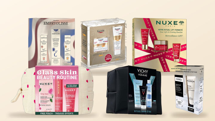 Christmas gift sets from French pharmacy brands Nuxe, Embryolisse, Vichy, Eucerin and Filorga