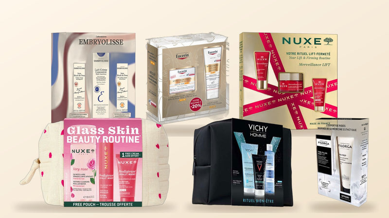 Christmas gift sets from French pharmacy brands Nuxe, Embryolisse, Vichy, Eucerin and Filorga