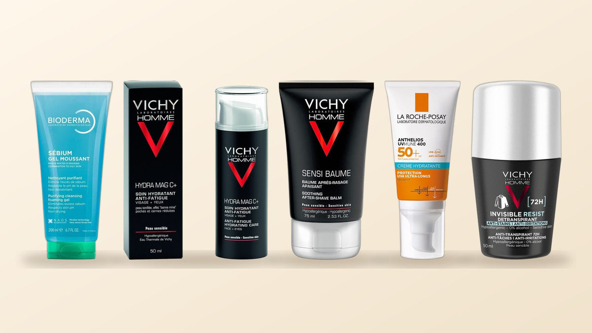 French pharmacy skincare routine for men with Bioderma, Vichy Homme and La Roche-Posay