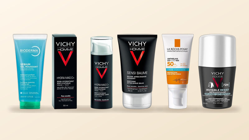 French pharmacy skincare routine for men with Bioderma, Vichy Homme and La Roche-Posay