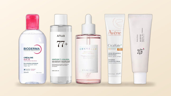 Korean and French skincare products from Bioderma, Anua, Skin1004, Avène and Beauty of Joseon