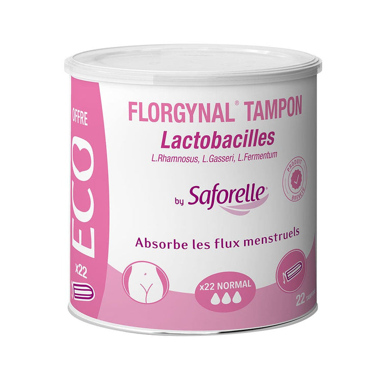 Saforelle Florgynal سدادات قطنية باللاكتوباسيلوس للحيض، مدمجة عادية بدون أداة إدخال ECO x22