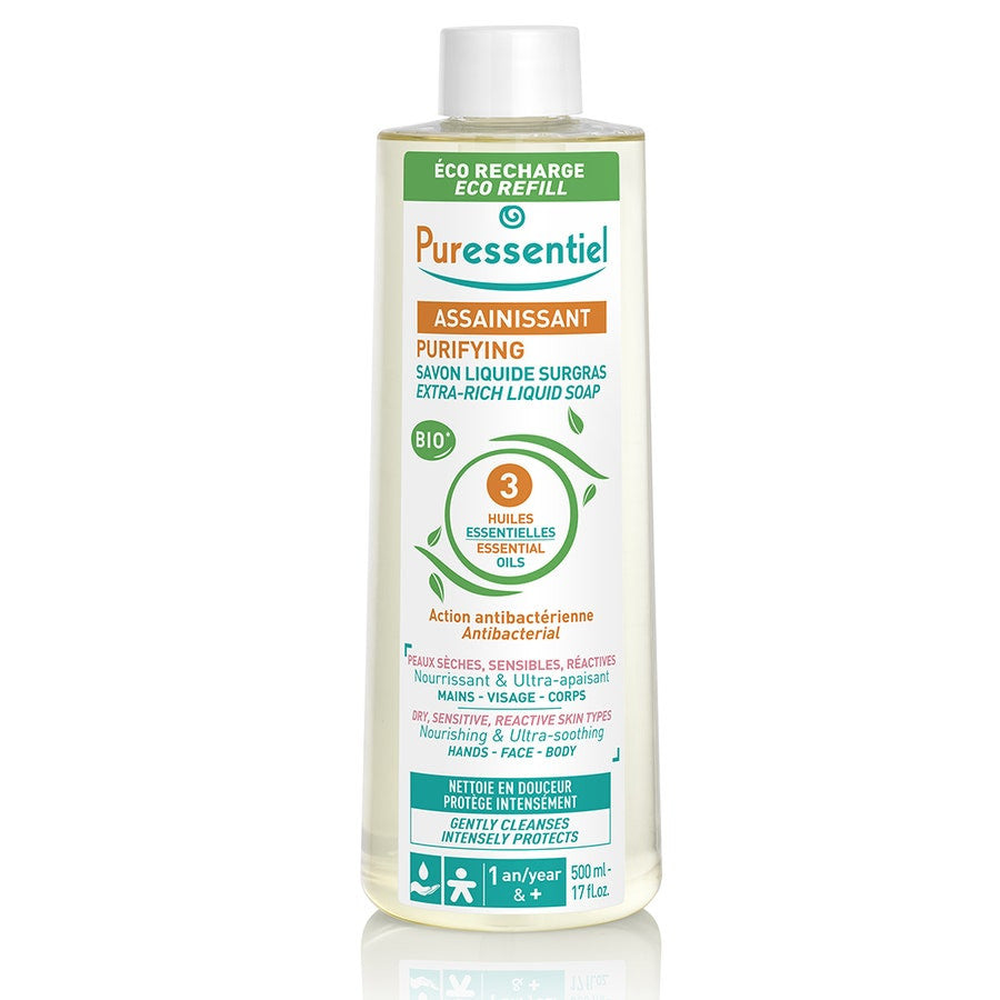 Puressentiel Assainissant Éco Recharge Savon Surgras Assainissant aux 3 Huiles Essentielles Bio 500 ml 