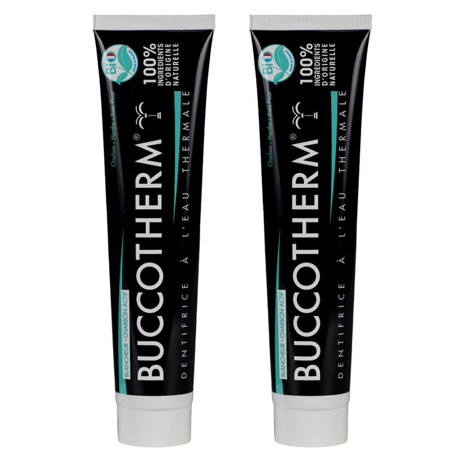 Dentifrices blanchissants Buccotherm à l'eau thermale et au charbon actif bio 75 ml x2 (2,53 fl oz x2) 