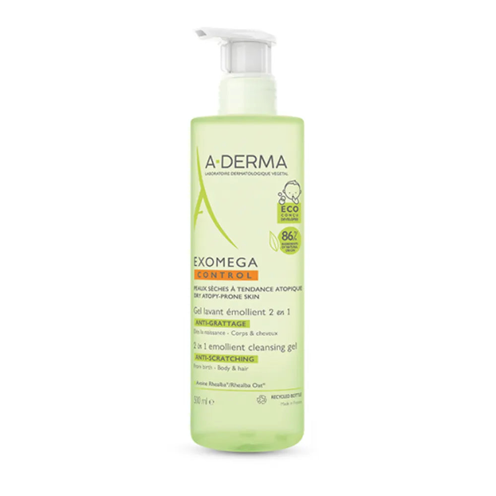 A-Derma Exomega Control Emollient Cleansing Gel for Dry, Atopic-Prone Skin - Body and Hair - 500ml