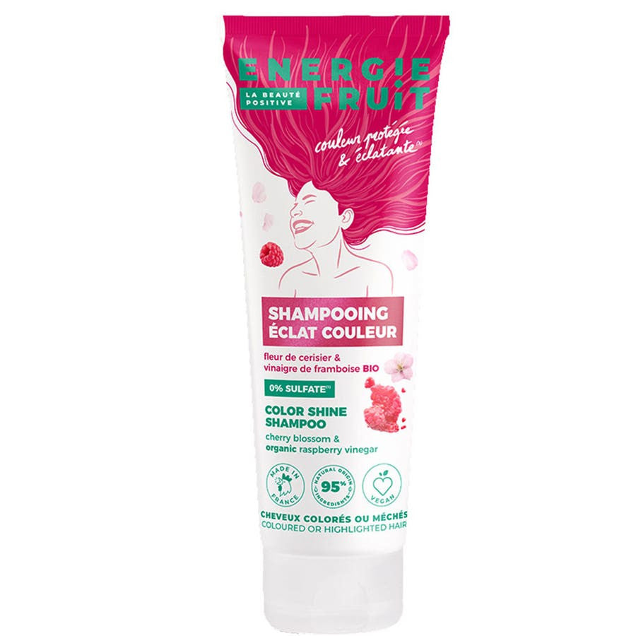 Shampooing éclat couleur Energie Fruit fleur de cerisier et vinaigre de framboise bio pour cheveux colorés ou méchés 250 ml (8,45 fl oz) 