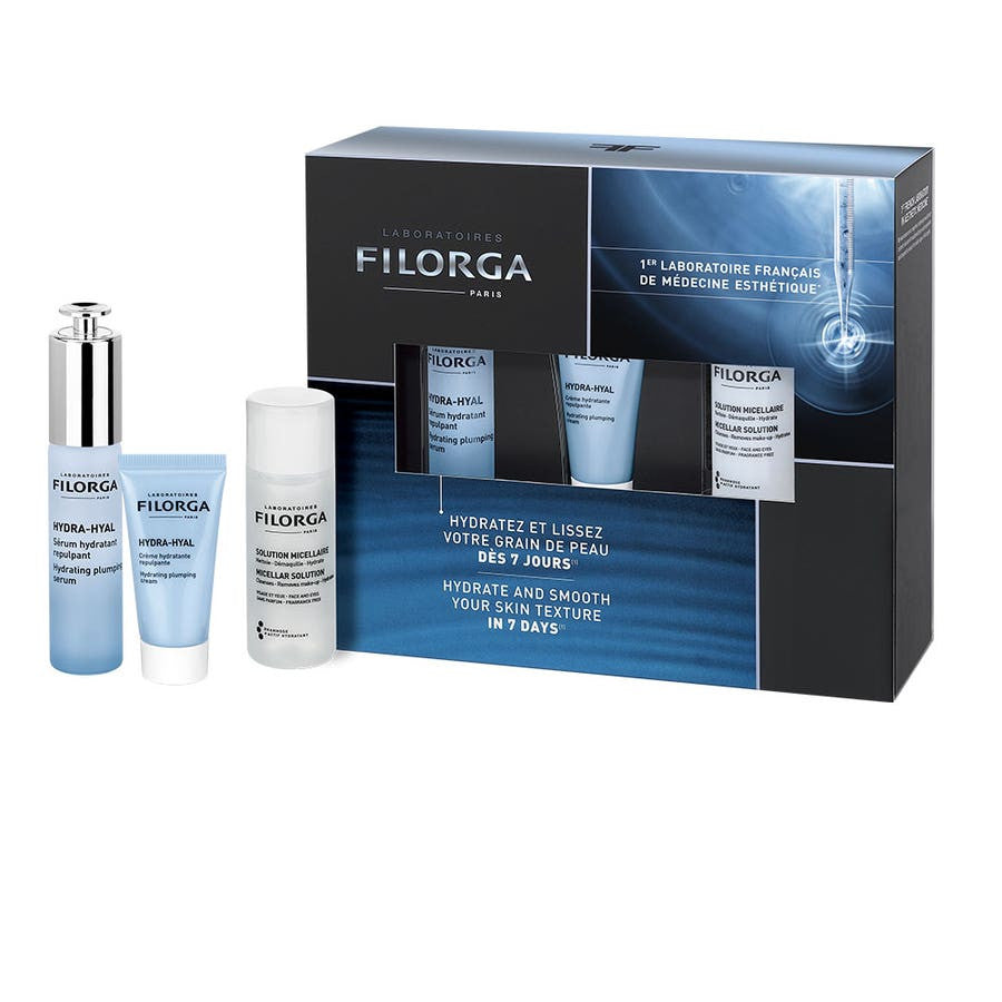 Coffrets cadeaux Filorga Hydra-Hyal pour peaux déshydratées : sérum hydratant, crème et eau micellaire 