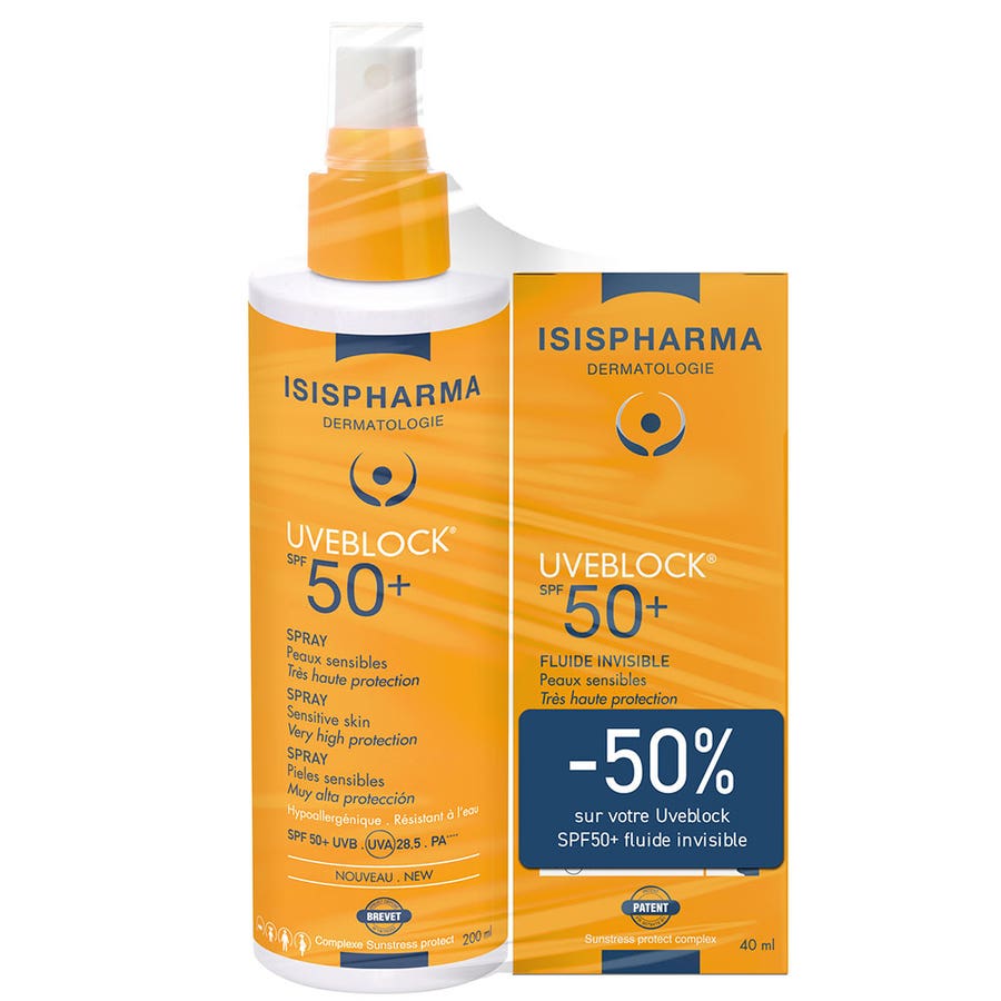 Isispharma Uveblock Spf50+ Spray + Invisible Fluid 200ml + 100ml (6,76fl oz+3,38fl oz)