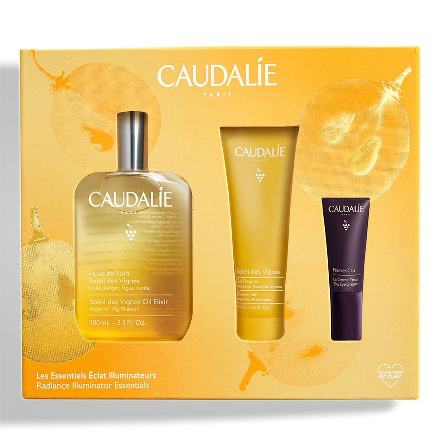 Coffret Cadeau Éclat Illuminateur Caudalie Les Essentiels avec Huile de Soin Soleil des Vignes, Gel Douche et Crème Yeux Premier Cru 