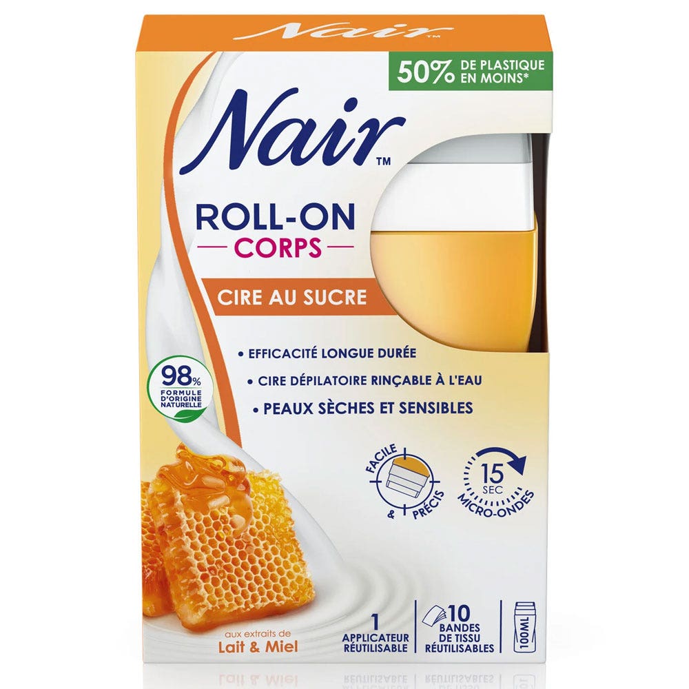 Nair Roll On Sugar Wax with milk and honey extracts Dry and sensitive skin 100ml (3.38fl oz)
