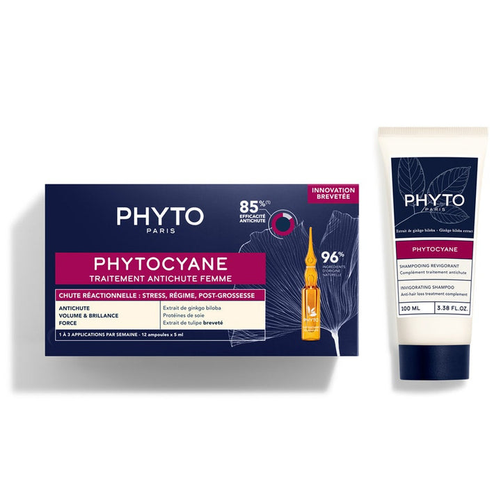 Phytocyane Traitement antichute réactif pour femme 12 x 5 ml + Shampoing revigorant 100 ml (0,17 fl oz + 3,38 fl oz) 