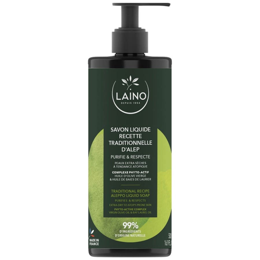 Savon d'Alep liquide Laino en flacon pompe pour peaux très sèches et à tendance atopique 500 ml (16,90 fl oz) 