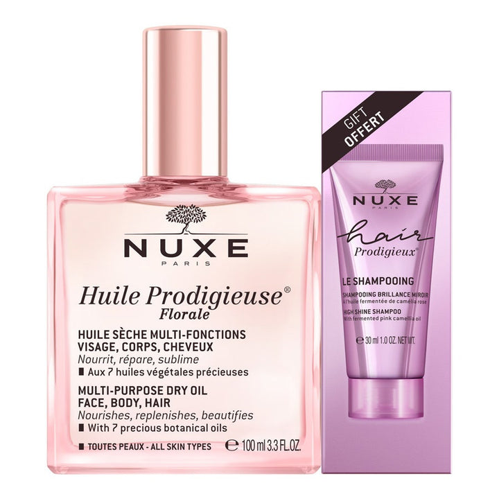 NUXE Huile Prodigieuse Florale Huile Sèche Multi-Usages 100 ml (3,39 fl oz) + NUXE Hair Prodigieux Le Shampooing 30 ml (1,01 fl oz) 