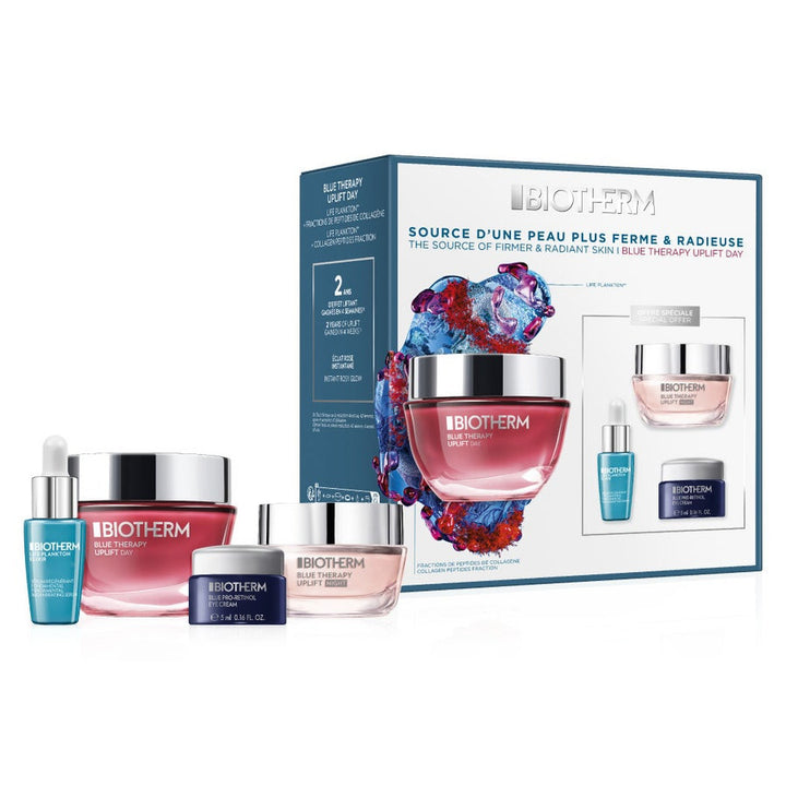 Coffret cadeau Biotherm Blue Therapy Red Algae Uplift Cure comprenant la crème Blue Therapy Lift Cure 50 ml, l'élixir Lift Plankton 7 ml, le soin Blue Therapy Yeux 5 ml et le soin Blue Therapy Nuit 15 ml. 