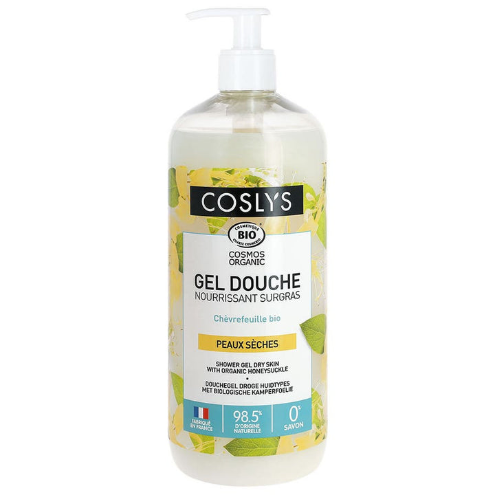 Coslys Gel douche ultra-riche nourrissant au chèvrefeuille bio Peaux sèches 1L
