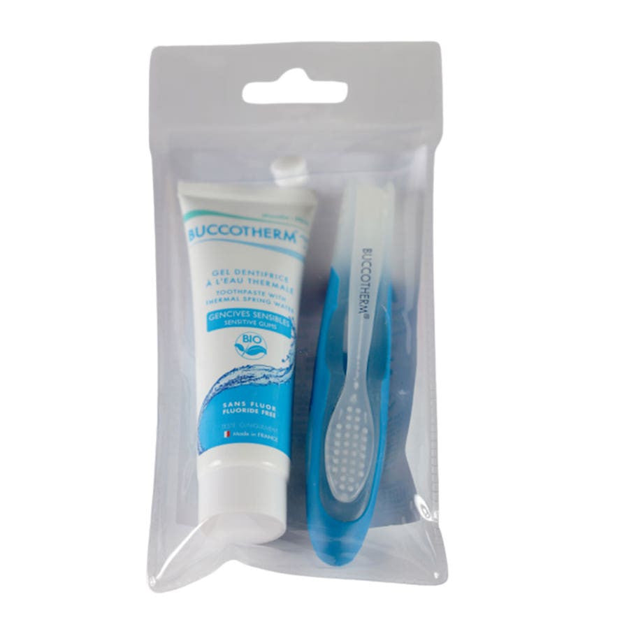 Kit de voyage Buccotherm 25 ml avec gel Bioes pour gencives sensibles et brosse à dents souple pliable 