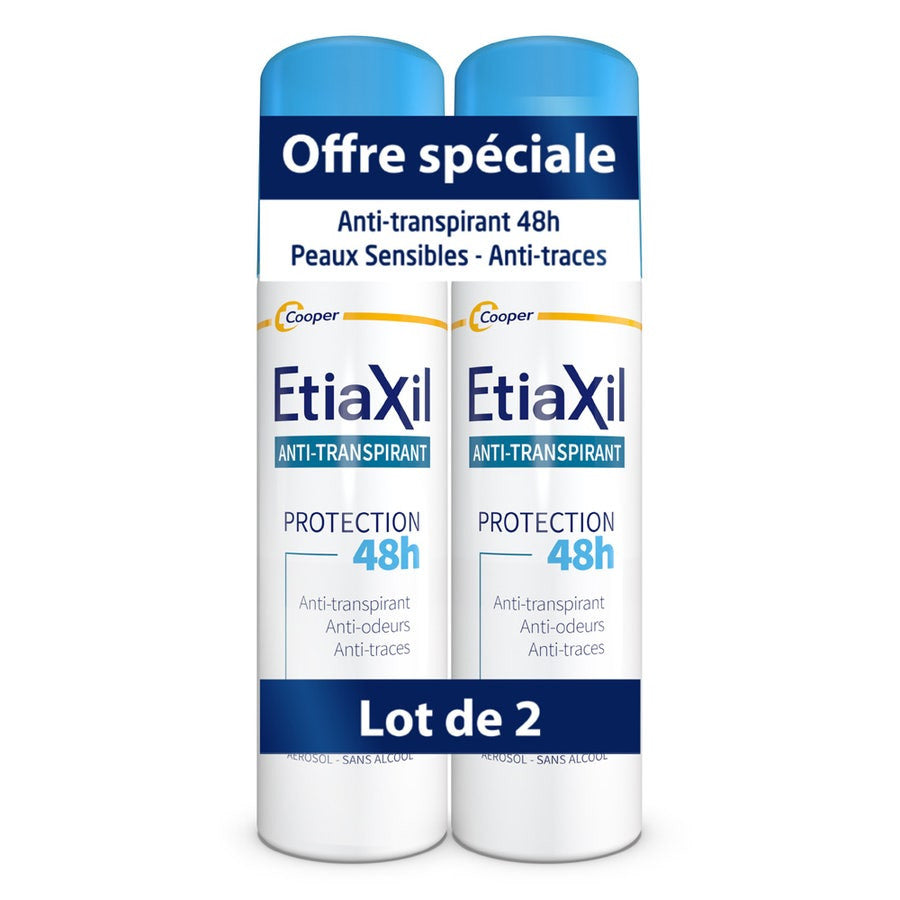 Déodorants anti-transpirants en aérosol Etiaxil Protection 48 heures Aisselles Transpiration modérée Peaux sensibles 2x1 50 ml (1,69 fl oz) 