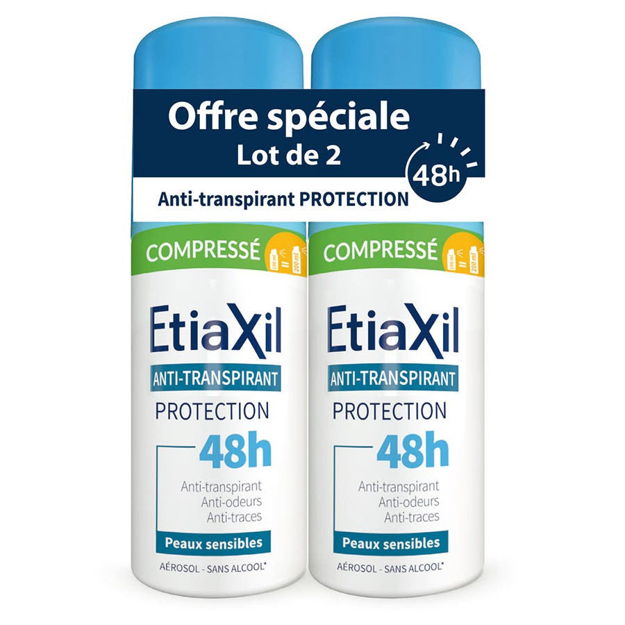 Déodorants compressés anti-transpirants Etiaxil pour peaux sensibles, protection 48 h, 2 x 100 ml (3,38 fl oz) 