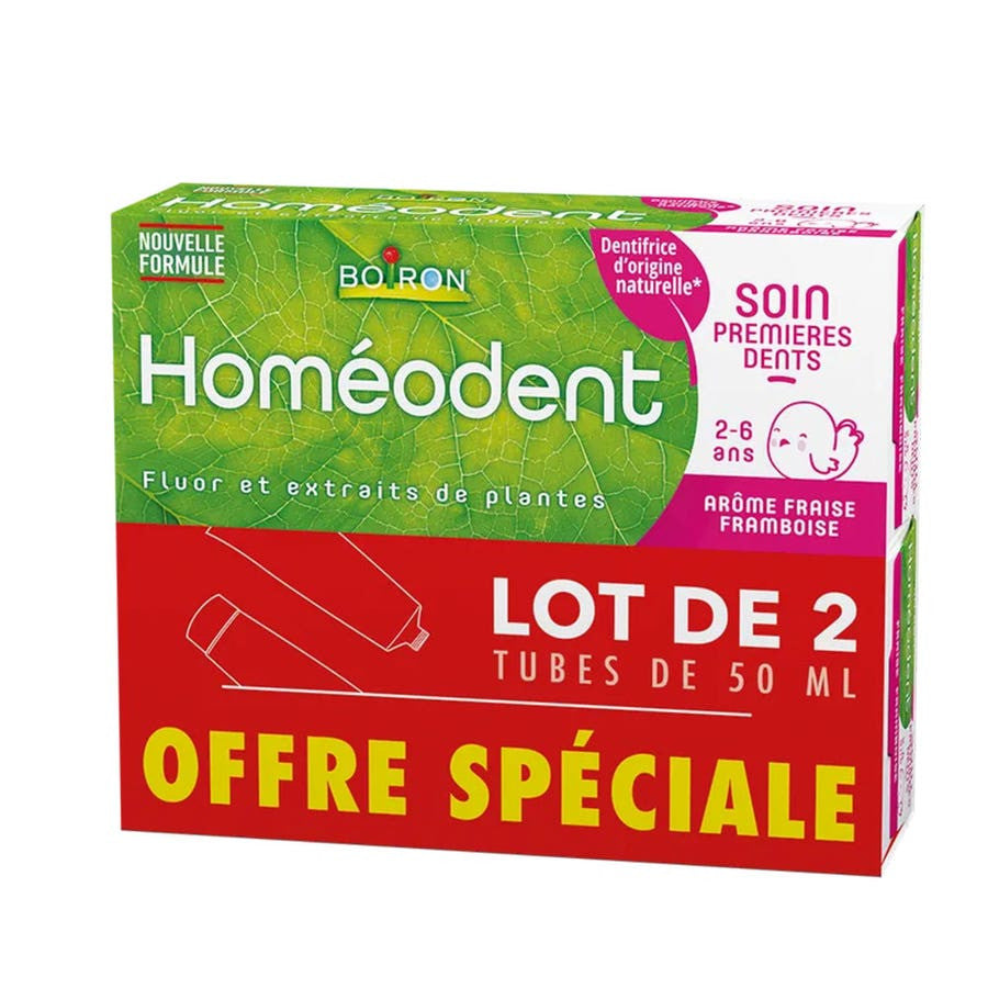 Dentifrice Boiron Homeodent Soin des premières dents 2-6 Fraise 50 ml x2 (1,69 fl oz x2) 