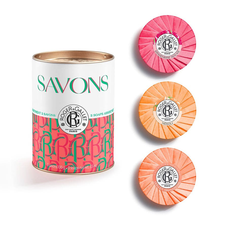 Coffret cadeau de savons bienfaisants Roger &amp; Gallet Fleur de figuier, gingembre rouge, rose, bois d'oranger 100 g x3 (3,52 oz x3) 