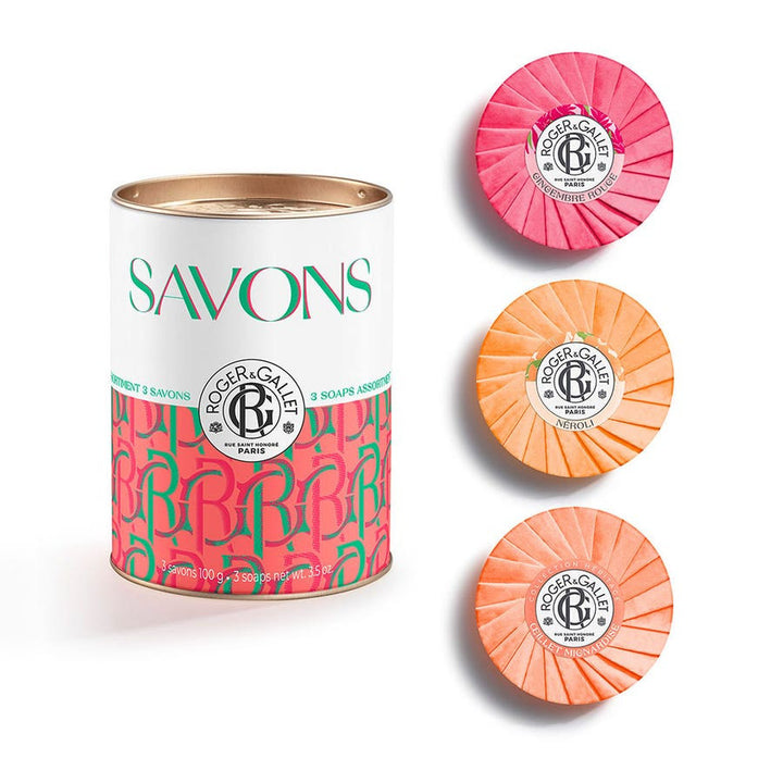 Roger & Gallet Savons Bienfaisants Coffret cadeau Fleur de Figuier, Gingembre Rouge, Rose, Bois d'Orange 100g x3