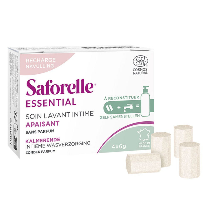 Saforelle Essential غسول Intima حميمي مهدئ، عبوة إعادة تعبئة لإعادة التحضير مع 4 أعواد تخفيف