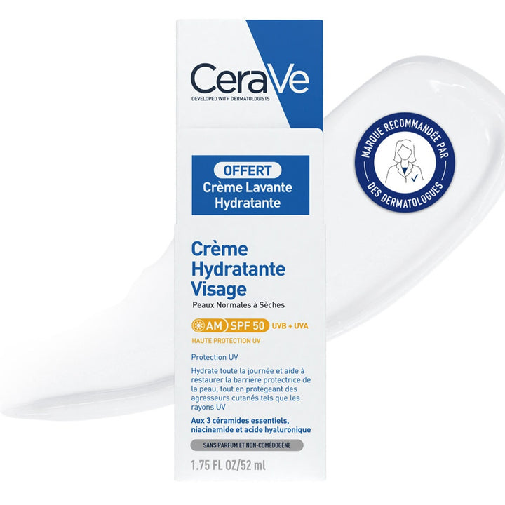 Cerave Face Moisturizers SPF50 52ml + Creamy Cleanser 20ml Normal to Dry Skin (0.68fl oz)
