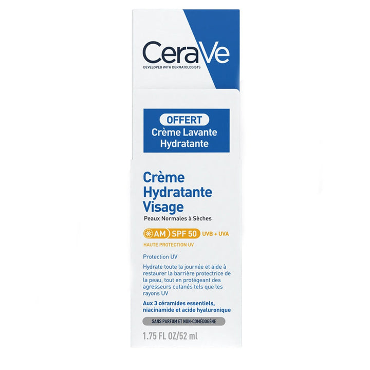 Cerave Face Moisturizers SPF50 52ml + Creamy Cleanser 20ml Normal to Dry Skin (0.68fl oz)