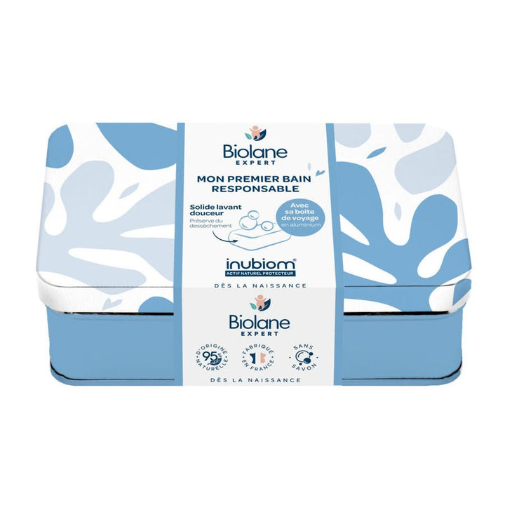 Biolane Expert Pastilla limpiadora suave sin jabón con aceite de camelina orgánico, con caja metálica 75g
