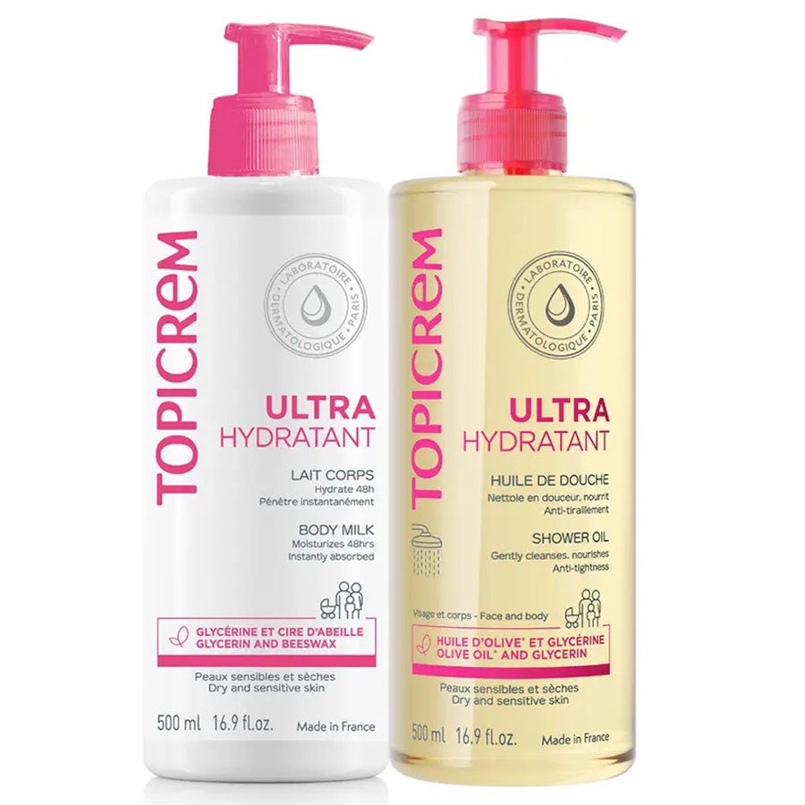 Lotion Corps Ultra-Hydratante + Huile de Douche Topicrem 500 ml x2 (16,90 fl oz x2) 