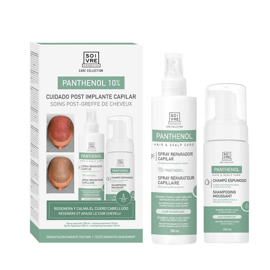 Pack Soivre Cosmetics Post-Greffe de Cheveux avec 10% de Panthénol - Spray Réparateur Capillaire 250 ml + Shampoing Moussant 150 ml 