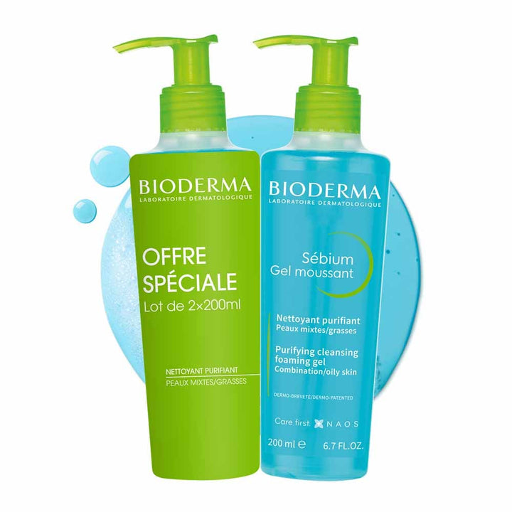 Bioderma Sebium Purifying Cleansing Foaming Gel for Combination to Oily Skin 200ml x2 (6.76 fl oz x2)
