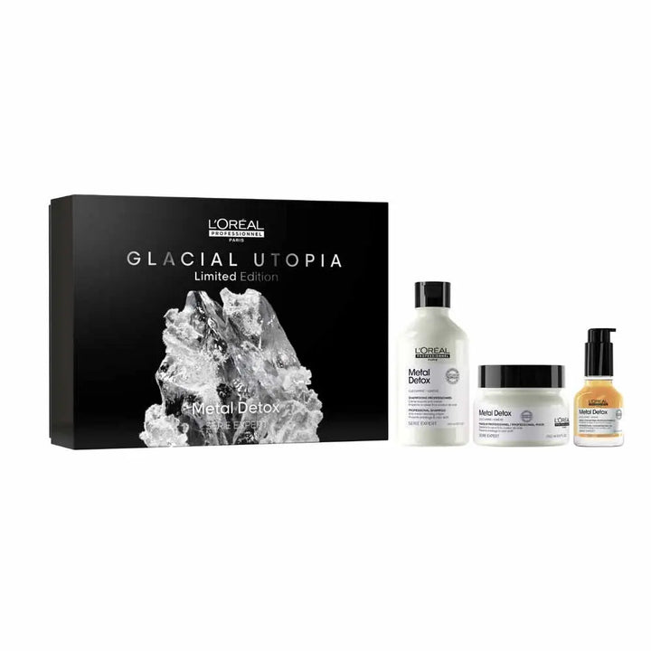 Coffrets cadeaux Metal Detox Glacial Utopia de L'Oréal Professionnel avec crème nettoyante anti-métal, masques protecteurs et huile 