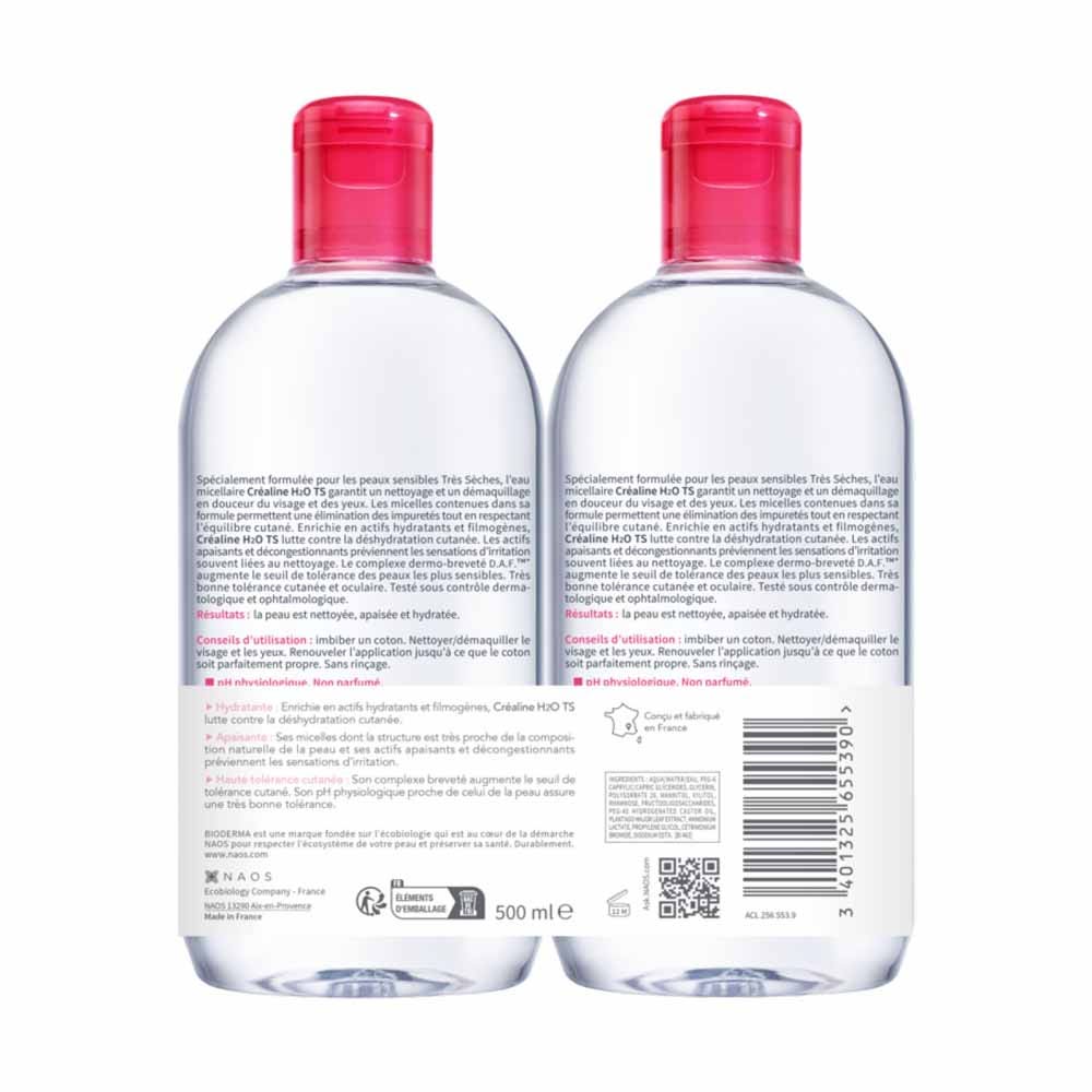 Bioderma Crealine Micellar water make-up remover H2O TS Sensitive, dry to very dry skin 2x500ml (16.91fl oz)