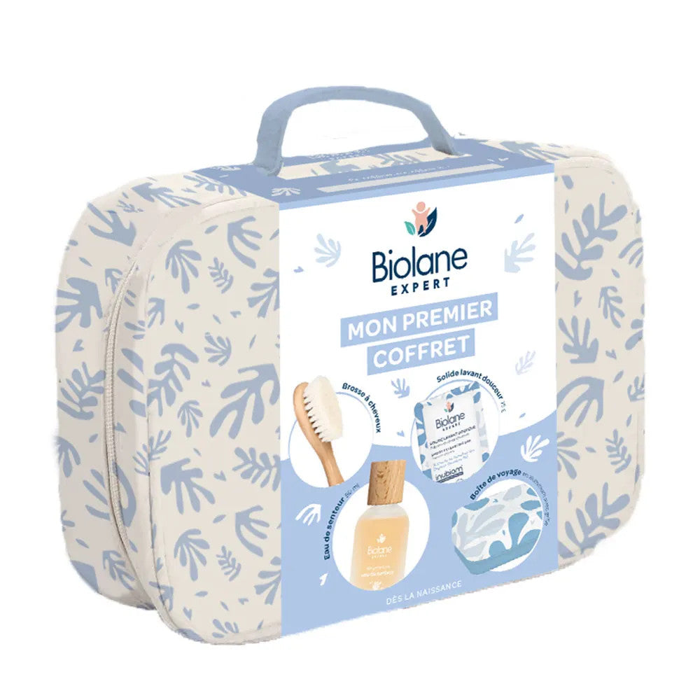 Coffrets cadeaux de Noël Biolane Expert pour bébé : eau de senteur, nettoyant solide, brosse à cheveux 