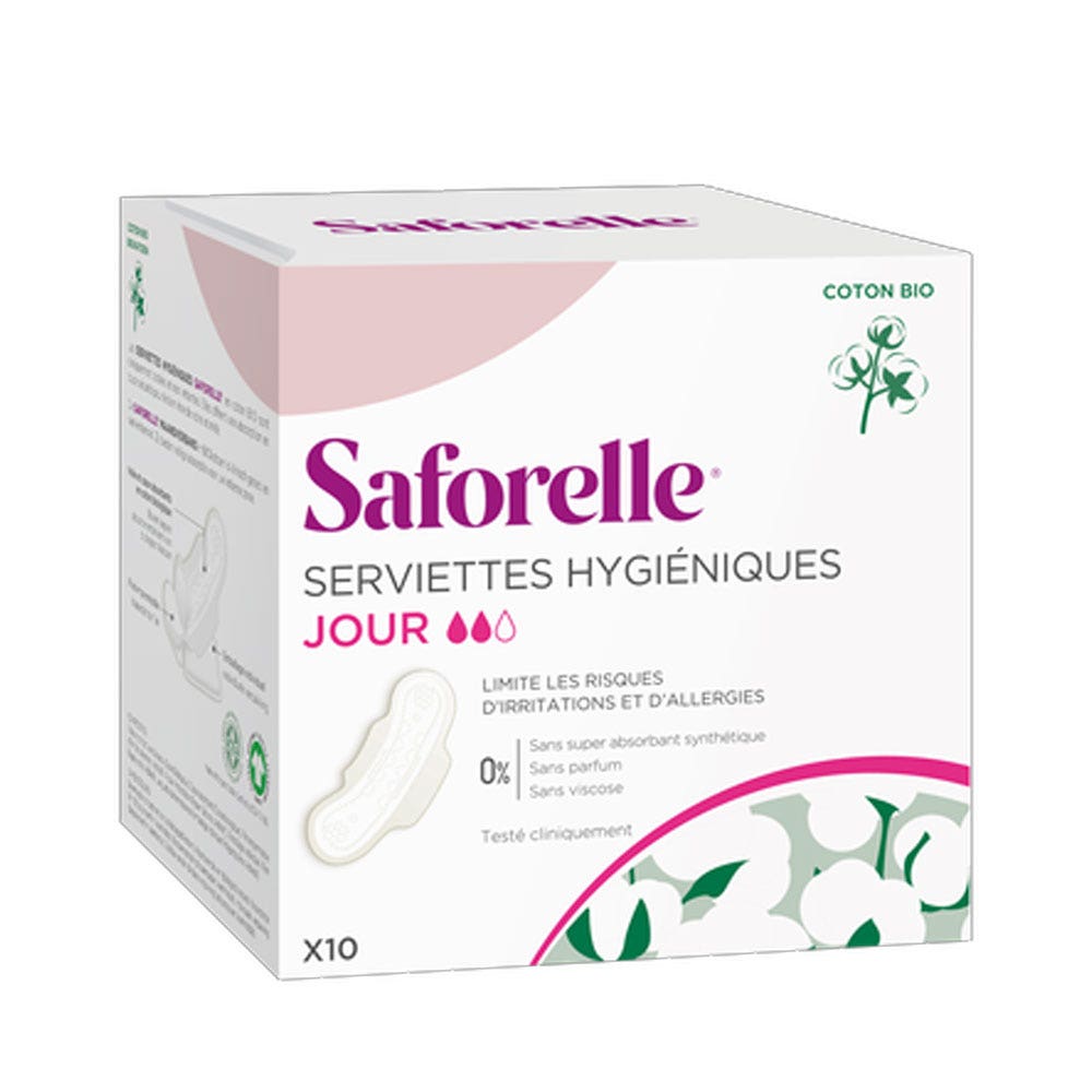 Saforelle Daytime sanitary towels with organic cotton wings x10