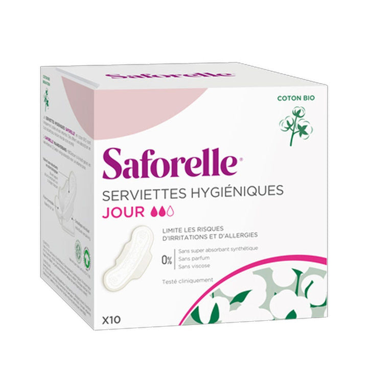 Saforelle Serviettes hygiéniques de jour avec ailettes en coton biologique x10