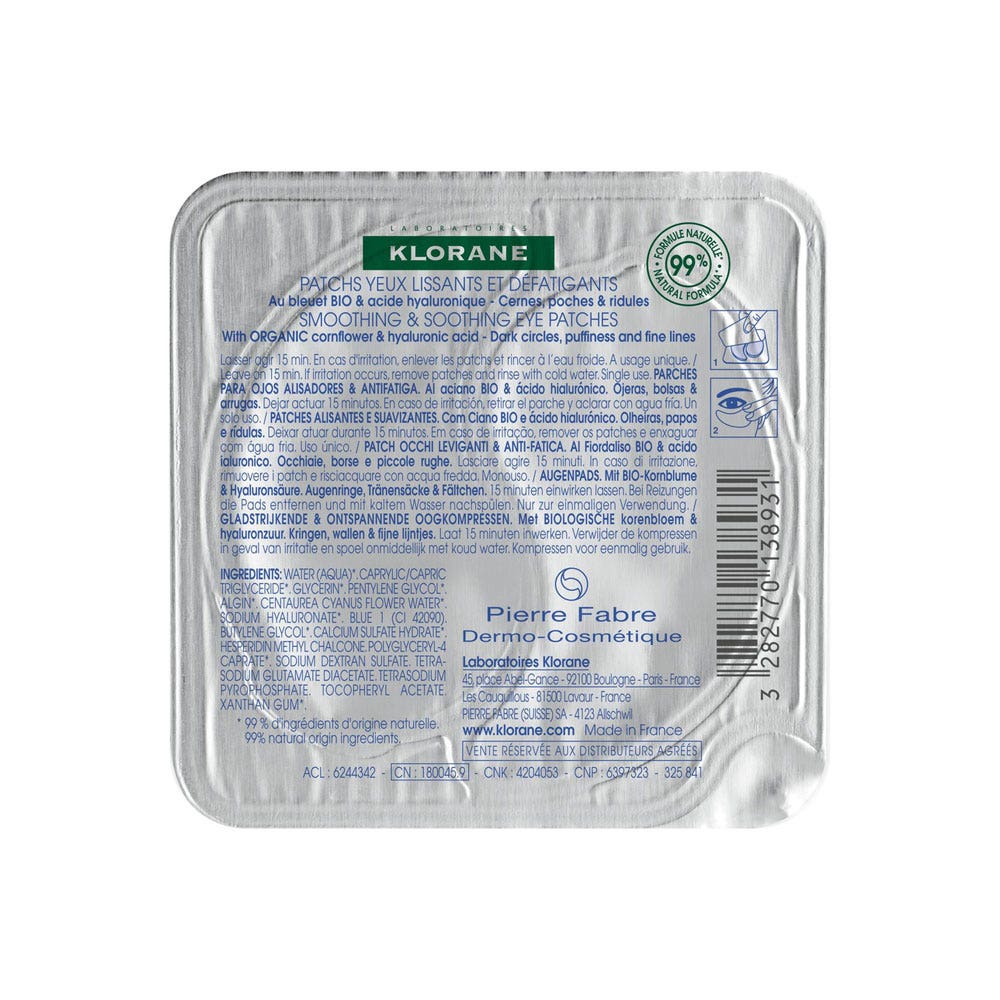 Klorane Cornflower Patchs Yeux Lissants et Défatigants Bleuet Bio & Acide Hyaluronique x2