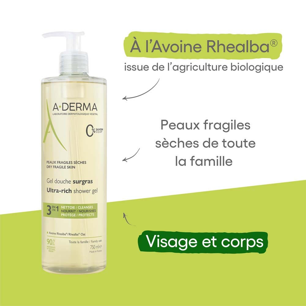A-Derma Rhealba oats Ultra Rich Shower Gel Dry Skin 750ml (25.36fl oz)