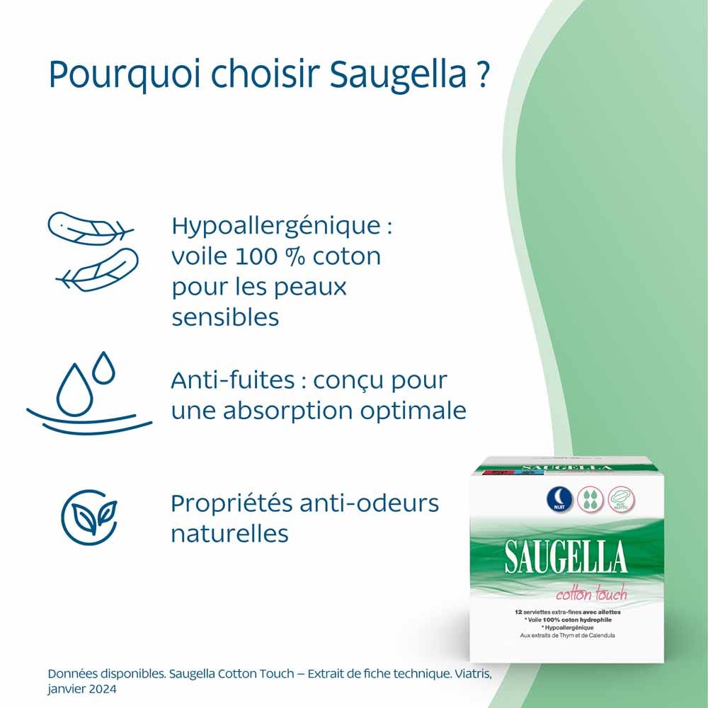 Saugella CottonTouch Cotton Touch Hygienic Sanitary Towel Night 12 Avec Ailettes x12