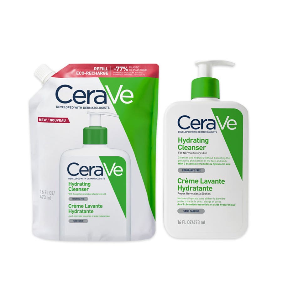 Cerave Body Cleanser Moisturizing Cleansing Cream for Face and Body + Eco Refill for Normal to Dry Skin 473ml x2 (15.99 fl oz x2) (15.99 fl oz)