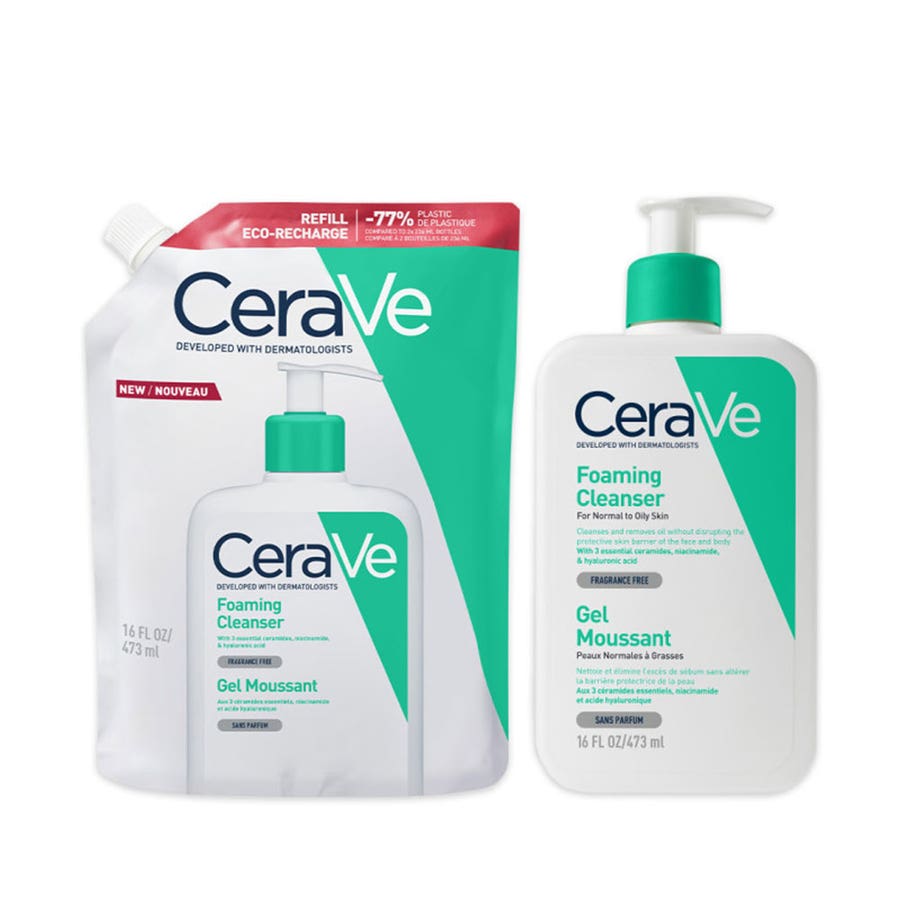 Cerave Face Cleanser Refill Foaming Gel for Face and Neck Normal to Oily Skin 473ml x2 (15.99 fl oz x2) (15.99 fl oz)