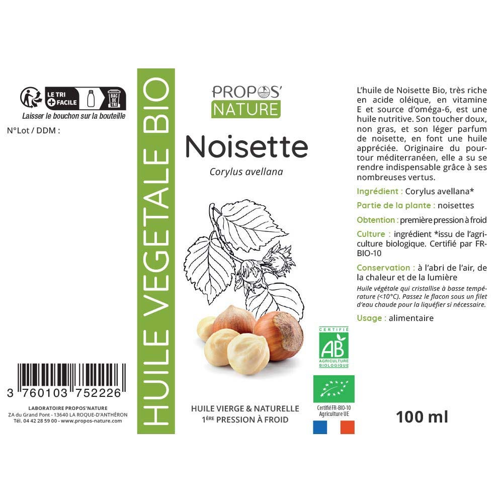 Propos'Nature Organic Vegetable Hazenut Oil 100ml (3.38fl oz)