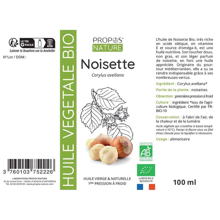 Propos'Nature Organic Vegetable Hazenut Oil 100ml (3.38fl oz)