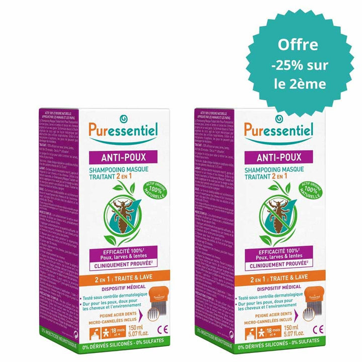 Puressentiel Anti-Lice 2 In 1 Treatment Shampoo Mask Anti-lice + Comb 2x150ml (5.07fl oz)