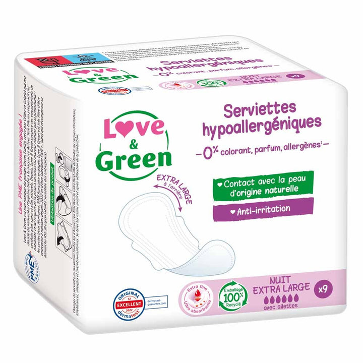 Love&Green Night Extra Large Pads Anti-irritation 9 Serviettes