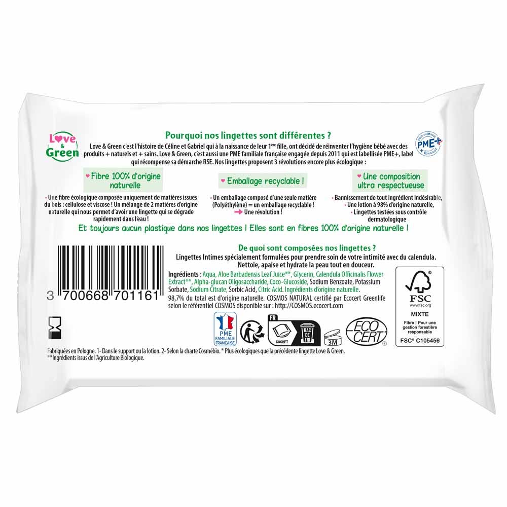 Love&Green Intimate Cleansing Soothing Wipes apaisantes x20